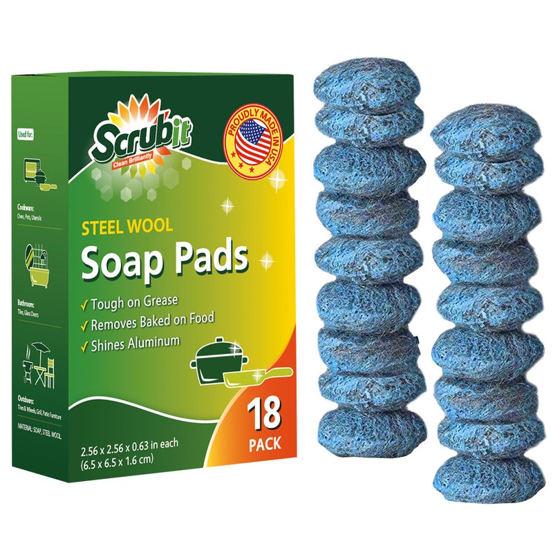SCRUBIT 18 Pack Steel Wool Soap Pads by SCRUBIT - Metal Scouring Cooktop Cleaning Pads Used for Dishes, Pots, Pans, and Ovens - Pre-Soaped for Easy Cleaning of Tough Kitchen Grease and Oil - Image 1